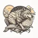 Wolf howling at moon background bear catching salmon in river foreground tattoo design idea
