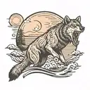 Wolf howling at moon background bear catching salmon in river foreground tattoo design idea