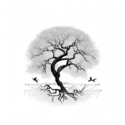A majestic tree with intricate roots and branches, surrounded by a flock of birds in flight tattoo design idea