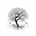 A majestic tree with intricate roots and branches, surrounded by a flock of birds in flight tattoo design idea