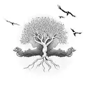 A majestic tree with intricate roots and branches, surrounded by a flock of birds in flight tattoo design idea