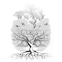 A majestic tree with intricate roots and branches, surrounded by a flock of birds in flight tattoo design idea