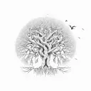 A majestic tree with intricate roots and branches, surrounded by a flock of birds in flight tattoo design idea