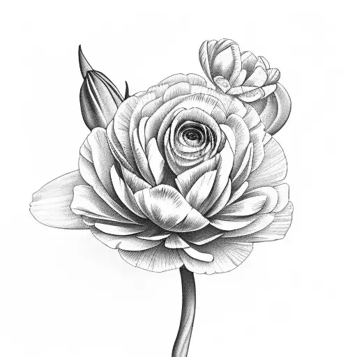 ranunculus with tulip and rose and azalea tattoo design idea