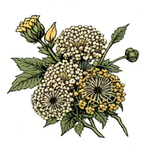 A bunch of buckwheat flower bouquet in the background, a single dandelion (unfazed) beside another slightly blown dandel tattoo design idea