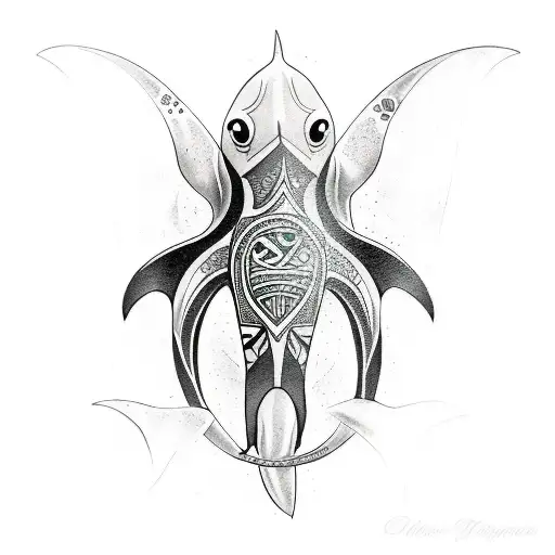 A black-grey tattoo design showcasing a Maori-inspired motif with a manta ray, turtle, and shark tattoo design idea