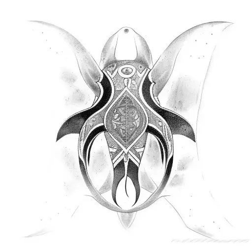 A black-grey tattoo design showcasing a Maori-inspired motif with a manta ray, turtle, and shark tattoo design idea
