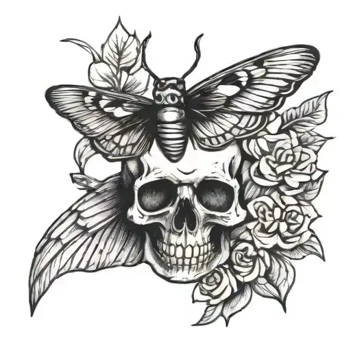 skull, death hawk moth, flowers  tattoo design idea