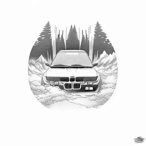 moutain in japan with bmw e30 drift on the road   tattoo design idea