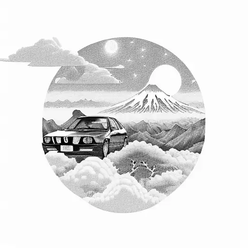 From a distant view, through the mountainous landscapes of japan and the sky on a full moon evening, a drifting bmw e30  tattoo design idea