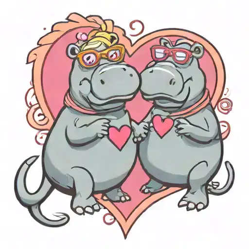 a hippo with glasses, tattooed and cool in love with another hot blonde hippo inside a pink heart tattoo design idea