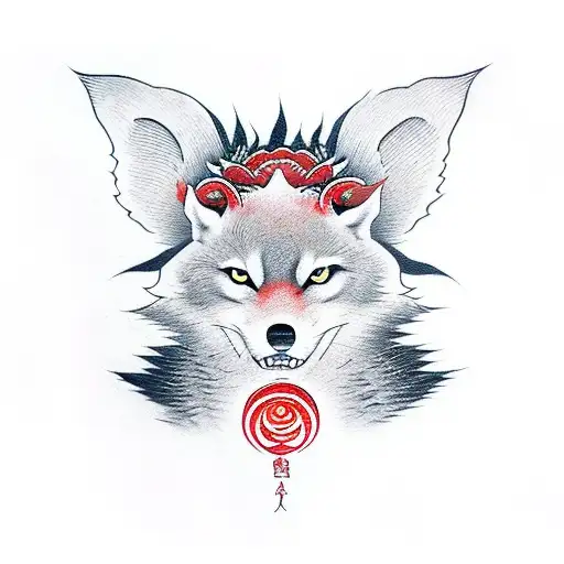 Kitsune with red moon tattoo design idea