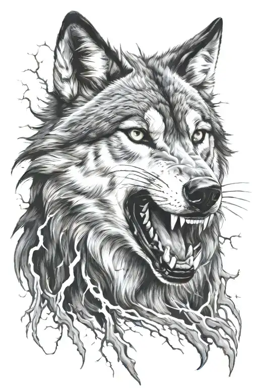 wolf with teeth and lightning storm tattoo design idea