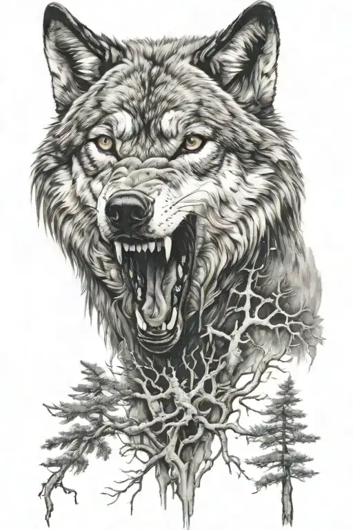 wolf with teeth showing in forest  tattoo design idea