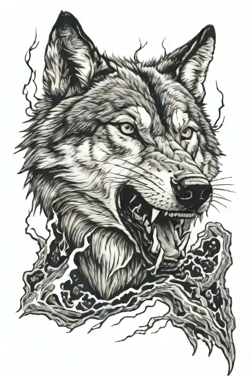 wolf with teeth and lightning storm tattoo design idea