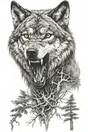 wolf with teeth showing in forest  tattoo design idea