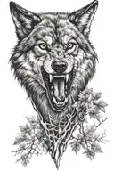 wolf with teeth showing in forest  tattoo design idea