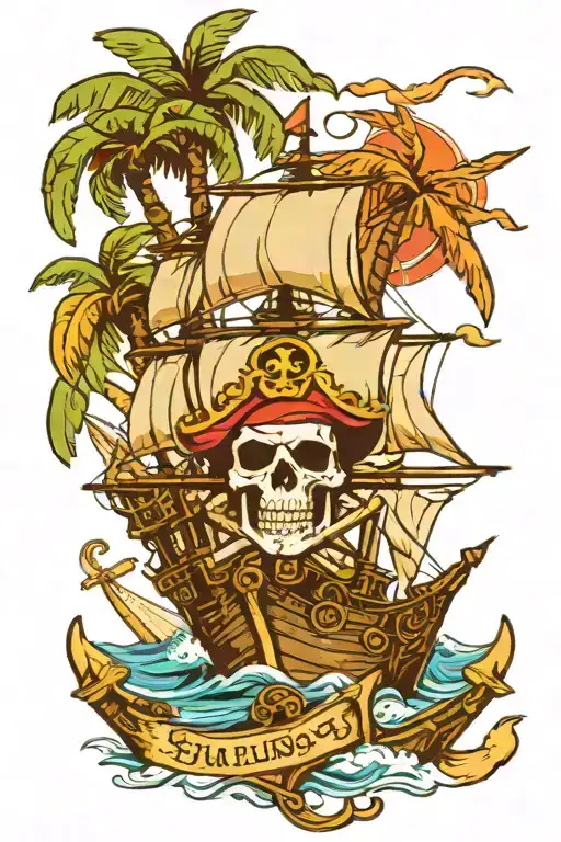 skull and crossbones palm trees pirate ship sailing tattoo design idea