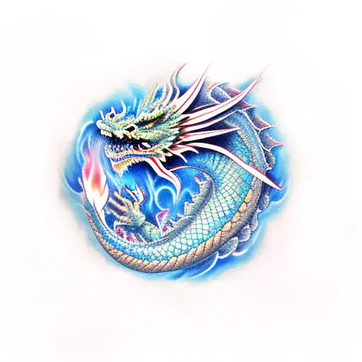 dragon breathing out blue flames tattoo design idea