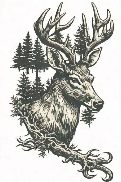 deer head with trees tattoo design idea