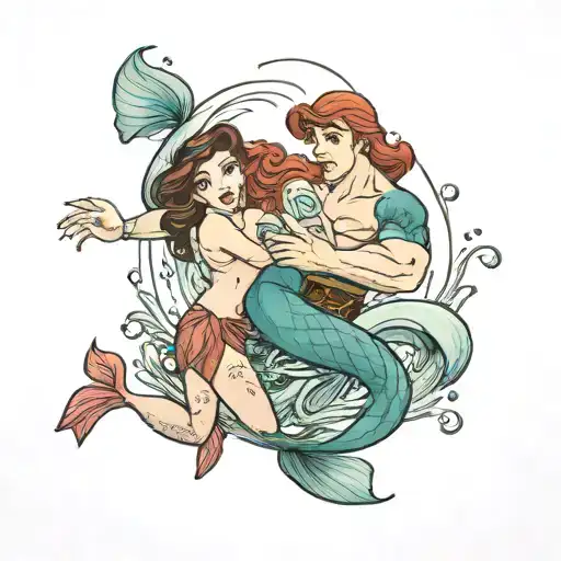 Disney's Ariel as a man with prince Eric as a merman holding eachother under water tattoo design idea