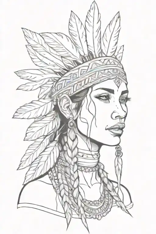Cherokee Indian woman with high cheekbones and thin bottom lip, with headband and flowing braided hair, with feathers an tattoo design idea