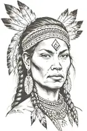 Cherokee Indian woman with high cheekbones and thin bottom lip, with headband and flowing braided hair, with feathers an tattoo design idea