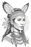 Cherokee Indian woman with high cheekbones and thin bottom lip, with headband and flowing braided hair, with feathers an tattoo design idea