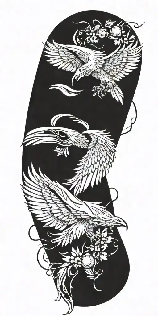 A baseball with musical notes as the stitching, surrounded by a wreath of eagles holding education symbols tattoo design idea