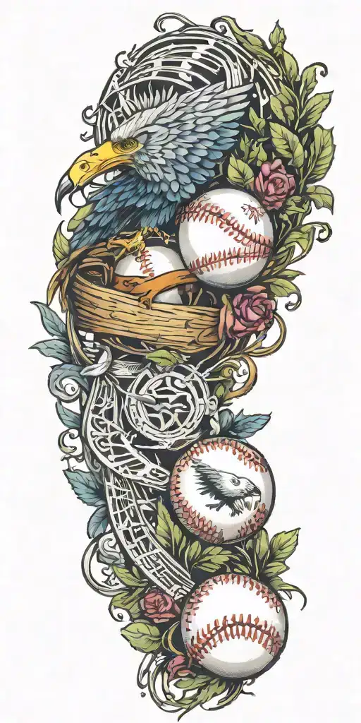 A baseball with musical notes as the stitching, surrounded by a wreath of eagles holding education symbols tattoo design idea