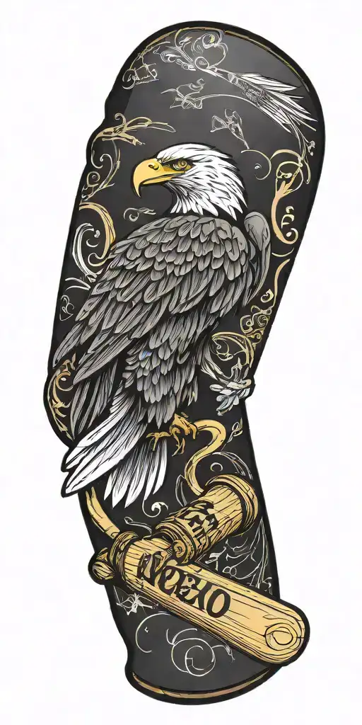 music notes boxing gloves baseball bat eagle perched 0206 tattoo design idea