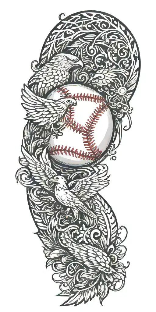 A baseball with musical notes as the stitching, surrounded by a wreath of eagles holding education symbols tattoo design idea