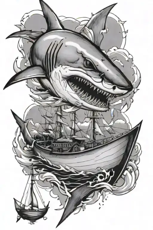 great white shark with a boat sailing tattoo design idea