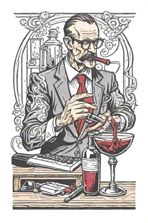 A neotraditional tattoo of a sommelier pouring wine into a cocktail shaker, with a computer mouse and keyboard in the background tattoo design idea
