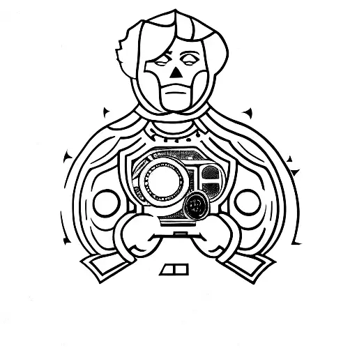 A dotwork tattoo of a medieval knight holding a movie projector, with filmstrips swirling around tattoo design idea