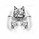 cat from hell bite skull woth devil eyes tattoo design idea