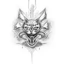 cat from hell bite skull woth devil eyes tattoo design idea