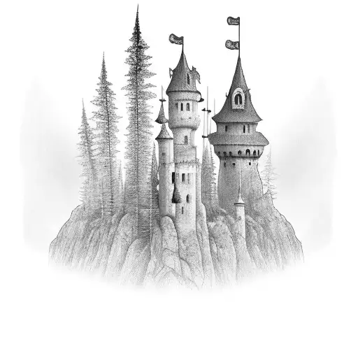 castle with tree tattoo design idea
