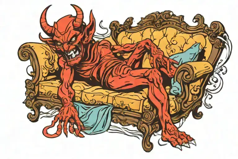 devil lying on a therapy couch tattoo design idea