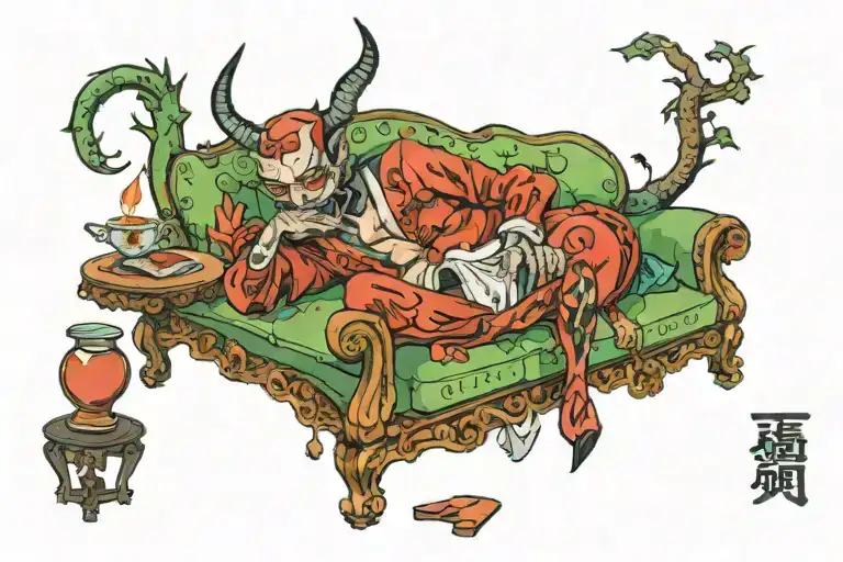 devil lying on a therapy couch tattoo design idea