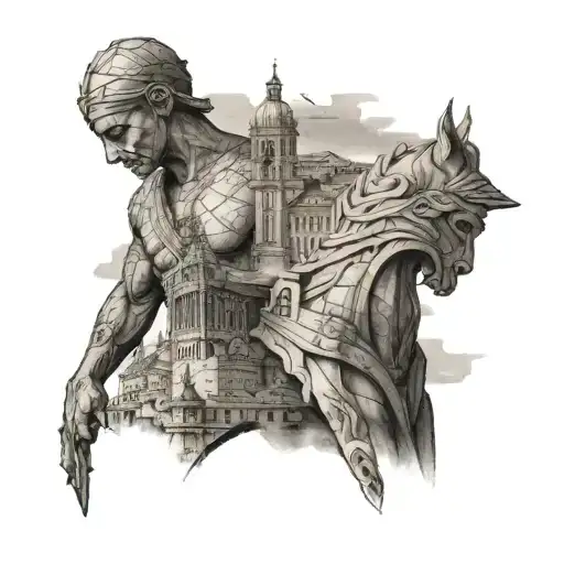 espartan worrier in Lisbon city monuments in background tattoo design idea