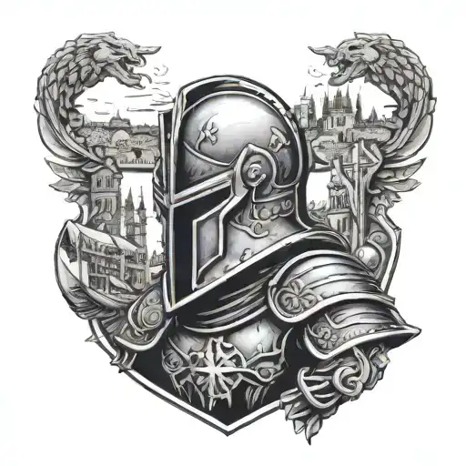 espartan worrier whit helmet and shield in Lisbon whit monuments in background and black war shapes  tattoo design idea