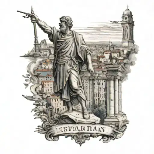 espartan worrier and Lisbon city monuments in background  tattoo design idea