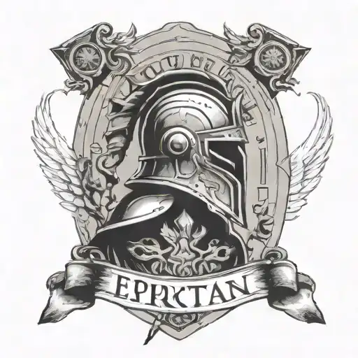 espartan worrier whit helmet and shield in  whit monuments in lisbon as background and black war shapes  tattoo design idea
