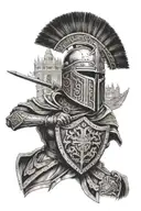 espartan warrior with helmet and shield whit monuments in lisbon as background torre de blem mosteiro dos Geronimo  tattoo design idea