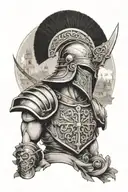 espartan warrior with helmet and shield whit monuments in lisbon as background torre de blem mosteiro dos Geronimo  tattoo design idea