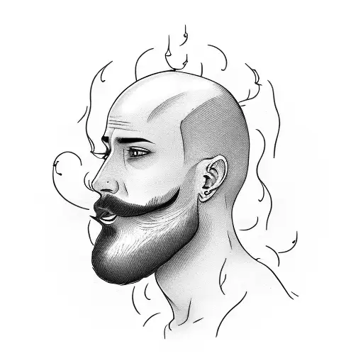 the head of a bald guy with a beard exhaling smoke tattoo design idea