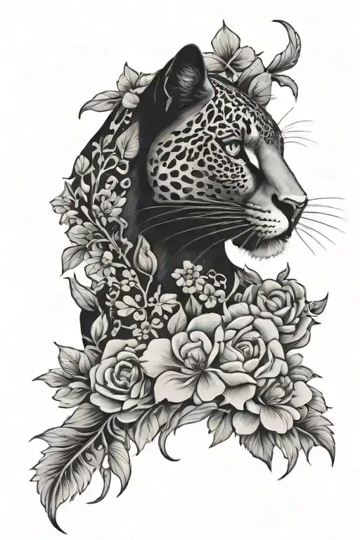 black panter and flowers surrounding tattoo design idea
