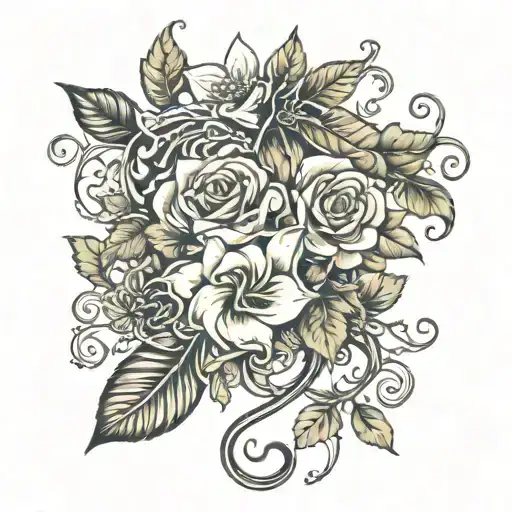 wrap around leg tattoo from hip to ankle with vines, leaves, and flowers from the months February March October july tattoo design idea