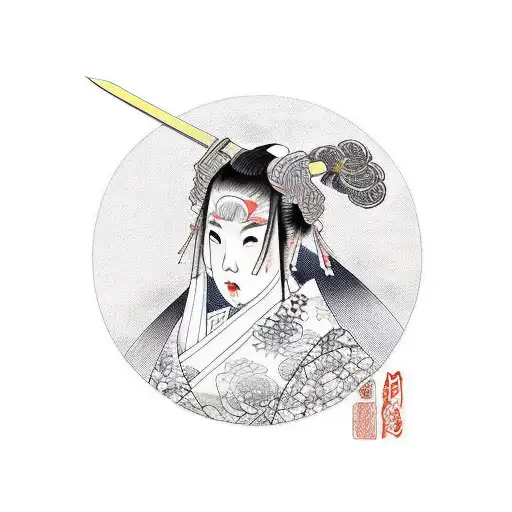 japanese lady in gown, sword tattoo design idea